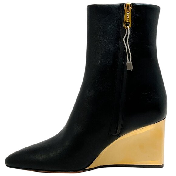 Chloe Black Leather Rebecca Boots with Gold Wedge Heel - Picture 3 of 7